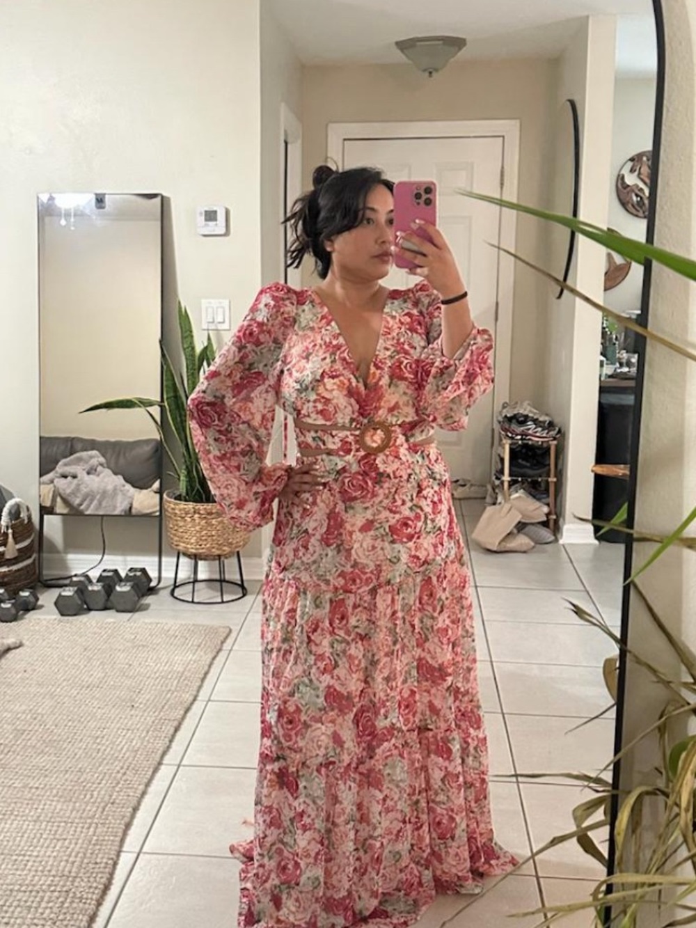 Gianni Bini Pink Floral Maxi Dress with Puff Sleeves